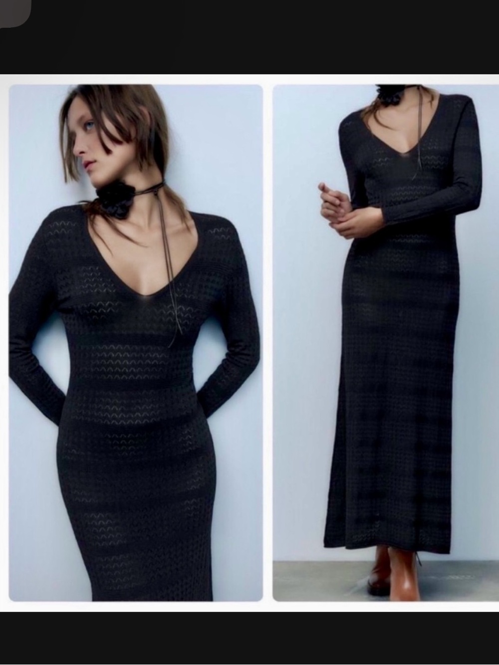 Zara pointelle knit long sleeve black maxi midi v-neck dress sz.S